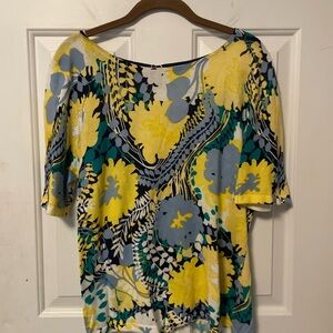 Talbots Yellow Blue and White Floral Short Sleeve Sweater Size Petite Large LP